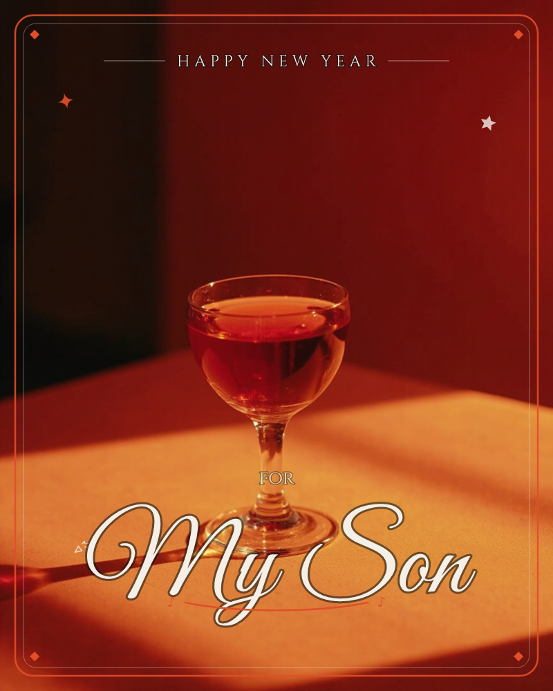 A single coupe glass of amber-red liquid sits on a warm terracotta tabletop, lit by a hard shaft of golden light that throws a long slanted shadow…, a new year e-card design