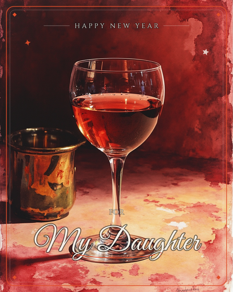 A single wine glass half-filled with rosé stands on a mottled, sunlit surface beside a small tarnished brass cup, all set against a deep crimson washed…, a new year e-card design