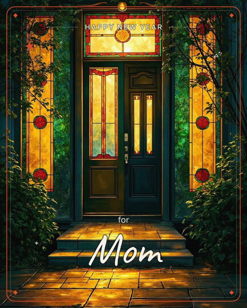 A dark green front door glows warmly at night, framed by tall stained-glass panels patterned with red roses and amber glass, a new year e-card design