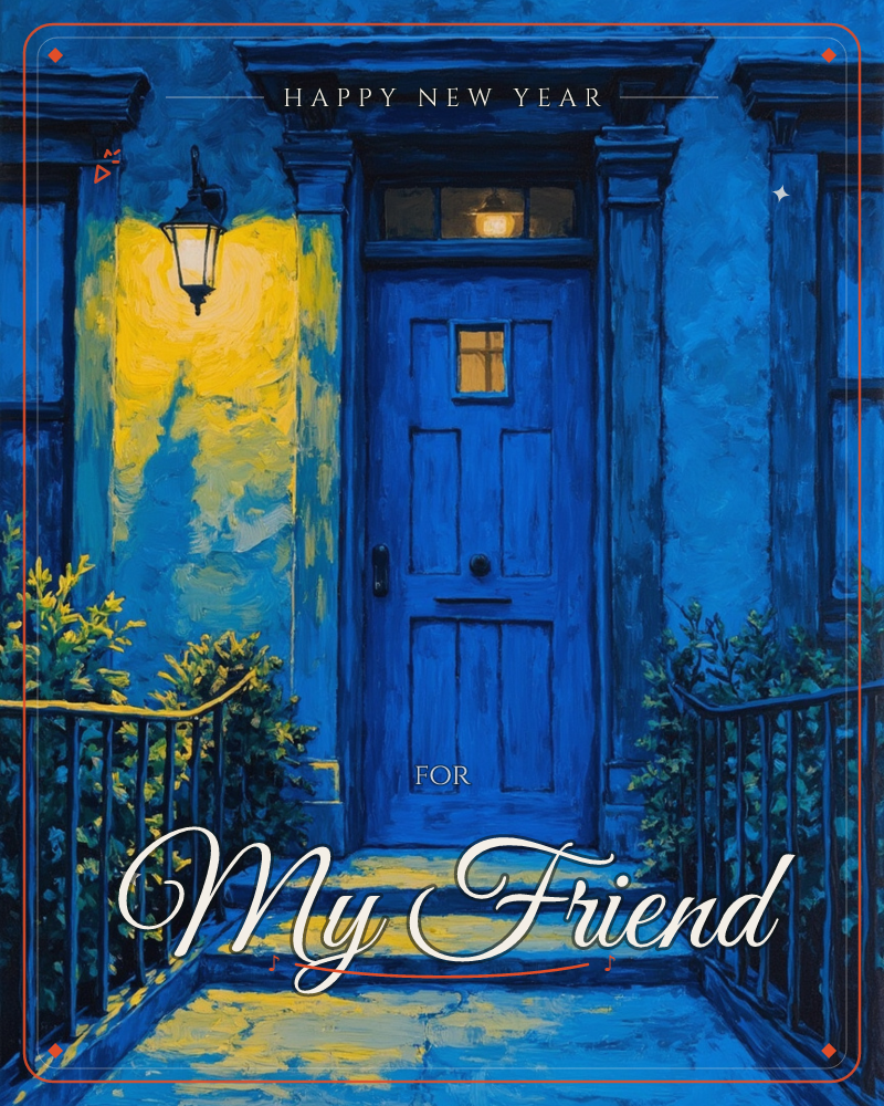 A painterly nighttime townhouse entrance glows under a single lantern, its warm yellow light spilling across a blue-painted door, stone steps and…, a new year e-card design