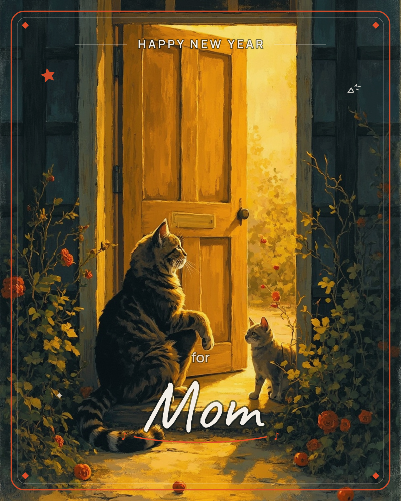 A tabby cat sits on a sunlit doorstep, one paw raised as it watches a small kitten approach from a golden garden path lined with rose vines, a new year e-card design