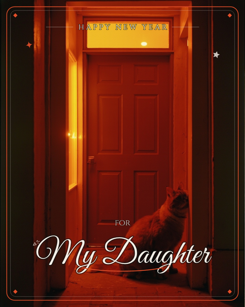 A ginger cat sits patiently on a brick step in front of a panelled front door, bathed in a warm amber glow from the hallway light behind the glass, a new year e-card design