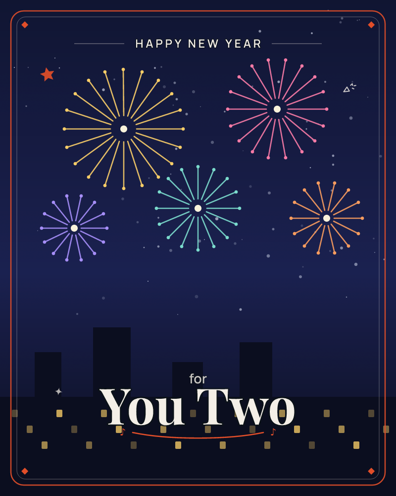 Fireworks bursting in gold, pink and turquoise above a dark city skyline at midnight, a new year e-card design
