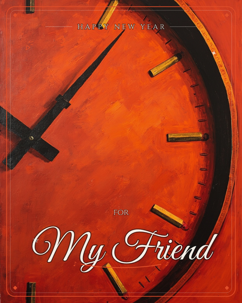 A close-up painting of an oversized clock face rendered in fiery orange and red, its black rim curving through the frame with brass-toned hour markers, a new year e-card design