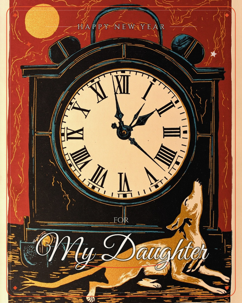 A bold linocut-style print shows a large black mantel clock with twin bells and cream Roman-numeral face, set against a deep red wall streaked with…, a new year e-card design
