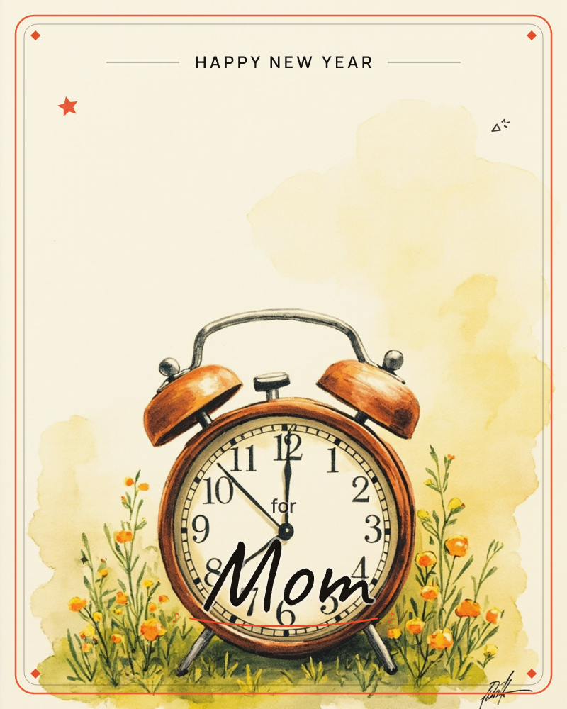 A vintage copper-toned alarm clock with twin bells stands in a patch of grass among small orange wildflowers, set against a soft yellow watercolor wash…, a new year e-card design