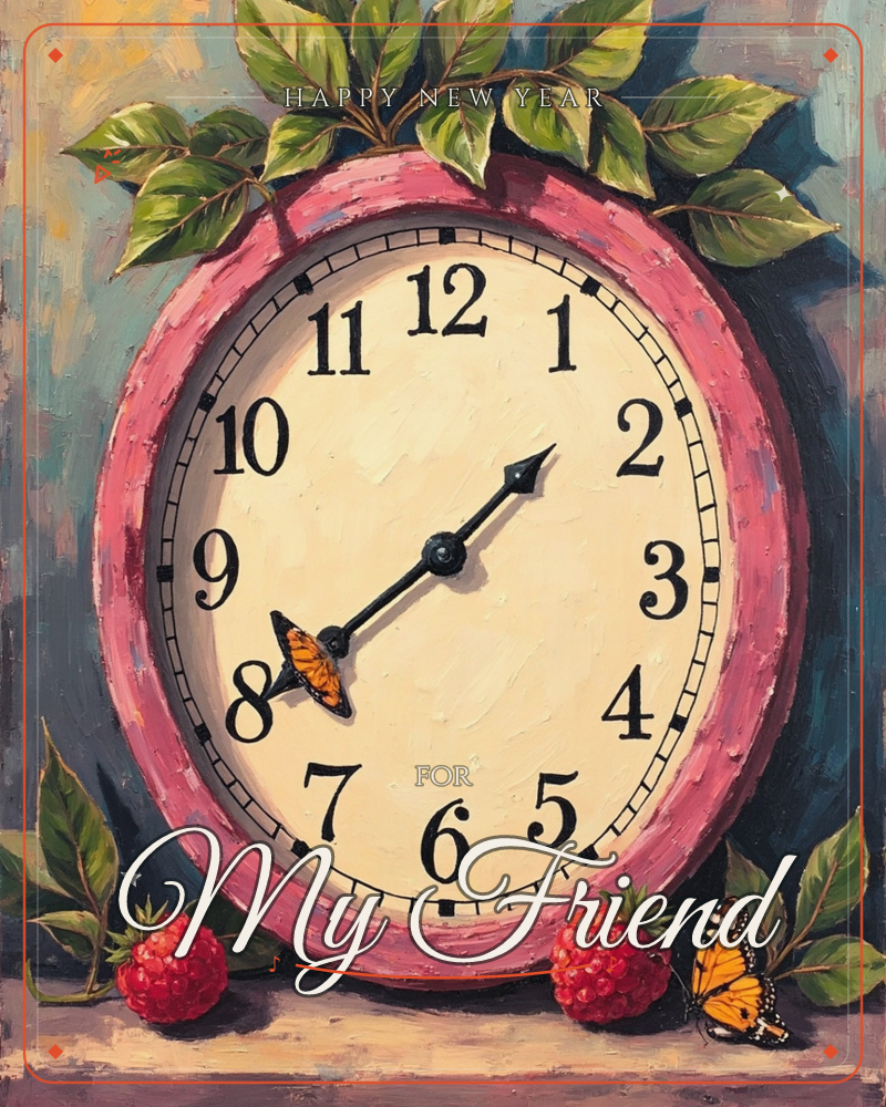 A pink-framed clock with a cream face and bold black numerals sits against a teal backdrop, its hands resting near two o'clock while a small orange…, a new year e-card design