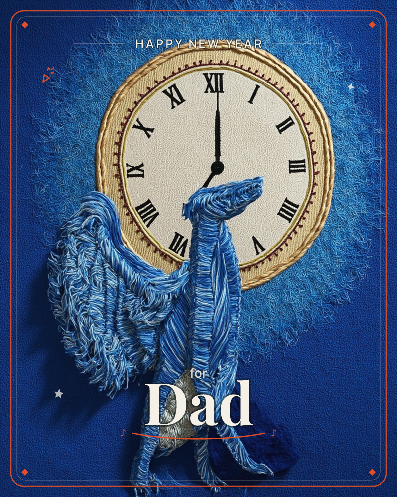 A textured fabric-and-thread illustration shows a wiry blue bird perched before a large golden clock face reading midnight, its feathers rendered as…, a new year e-card design