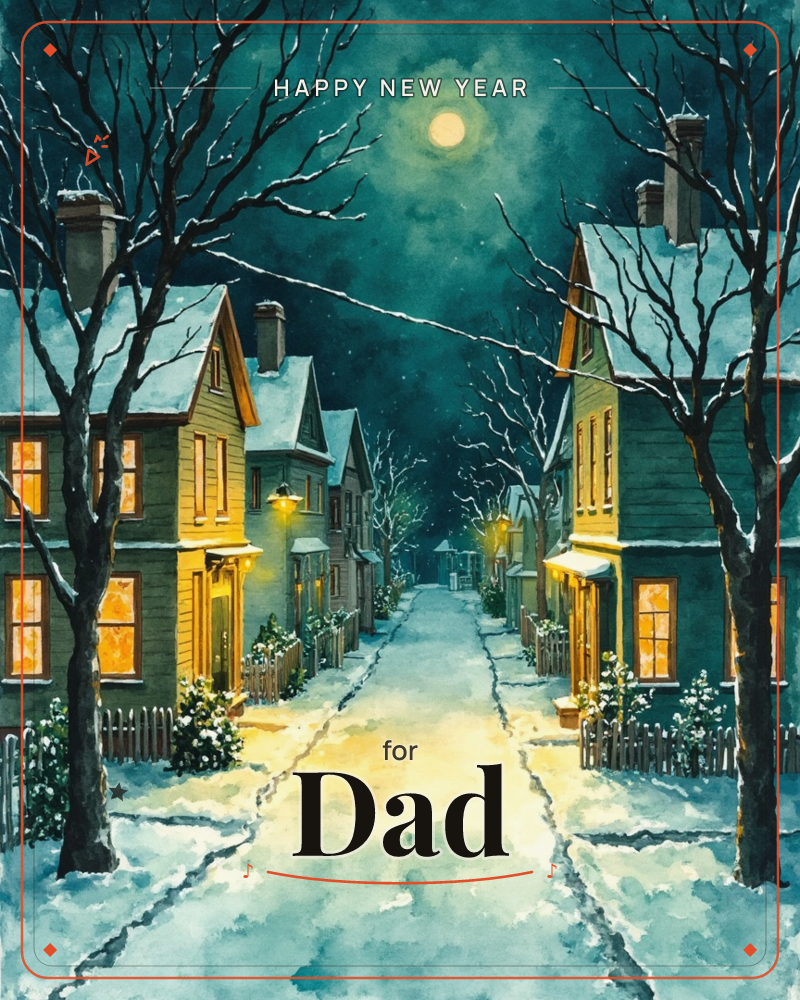 A snow-covered street runs straight between rows of houses with softly glowing windows, bare winter trees framing either side, a new year e-card design