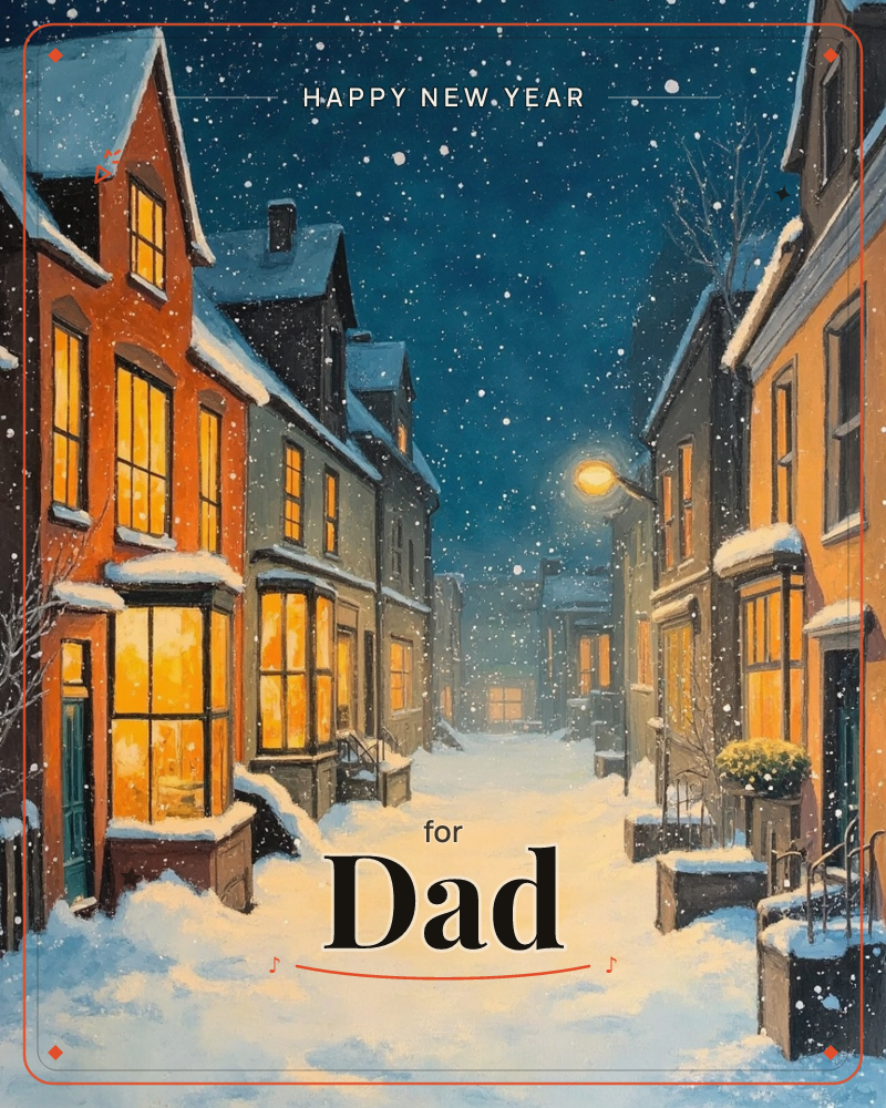A quiet snow-covered street winds between rows of terraced houses, their windows glowing amber against the deep blue night, a new year e-card design