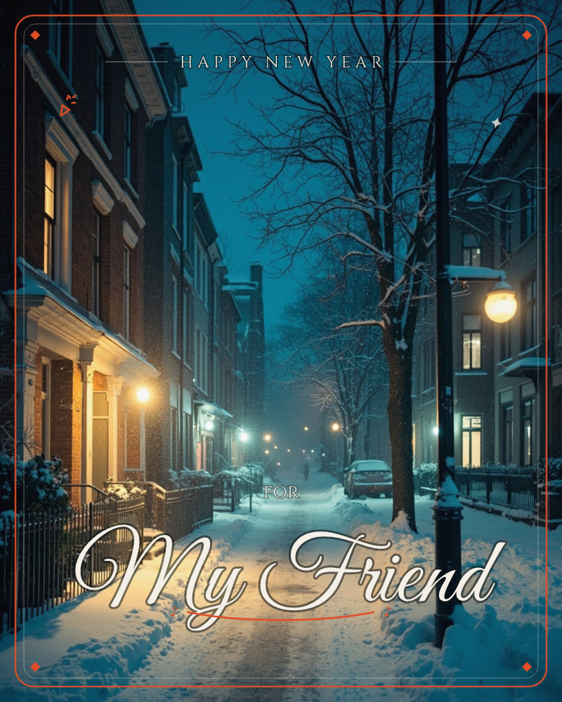 A quiet city street glows blue in the winter dusk, rowhouses lining both sides with warm lamplight spilling from windows and porches, a new year e-card design