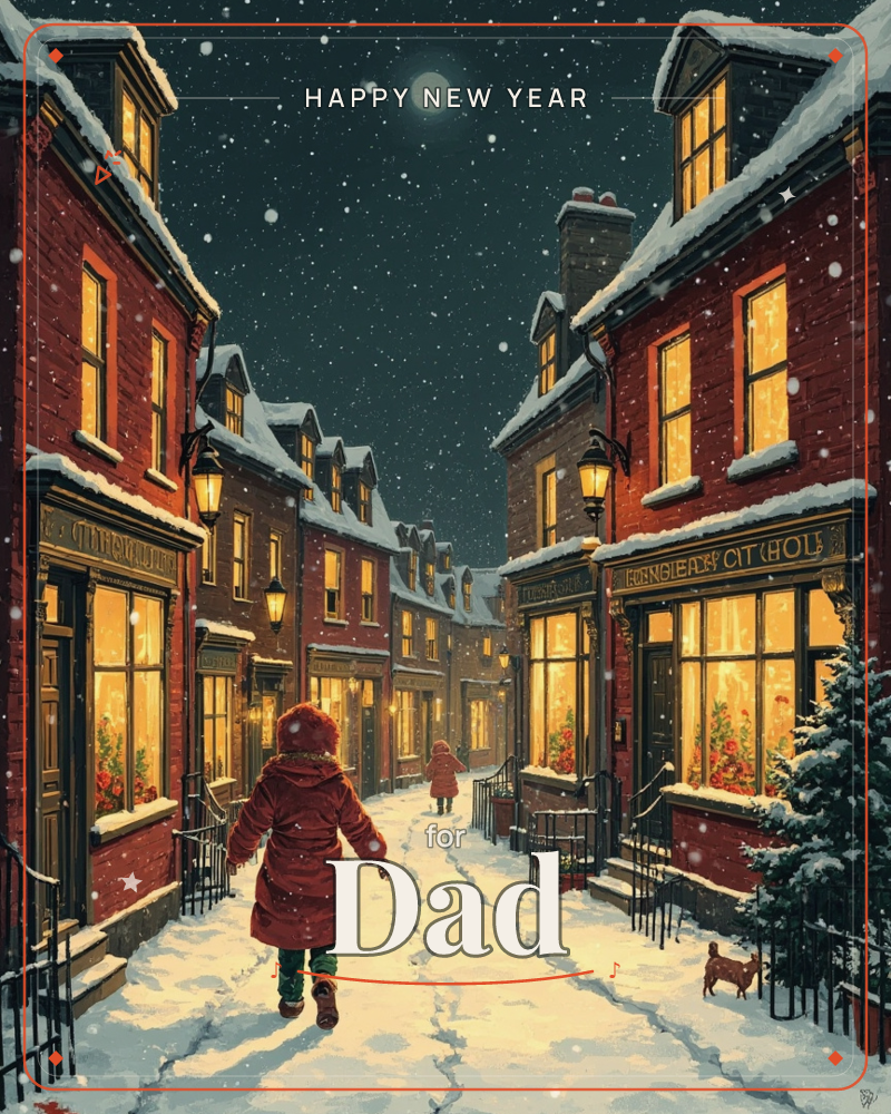 A snowy lane winds between rows of brick townhouses lit gold from within, their shopfronts glowing under falling snow, a new year e-card design