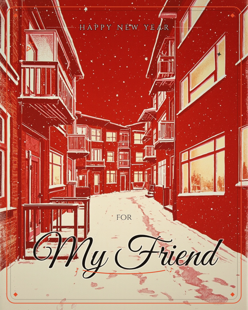 A snowy backstreet is rendered entirely in monochrome red, with rows of balconied apartment buildings leaning in on either side of a footprint-tracked…, a new year e-card design