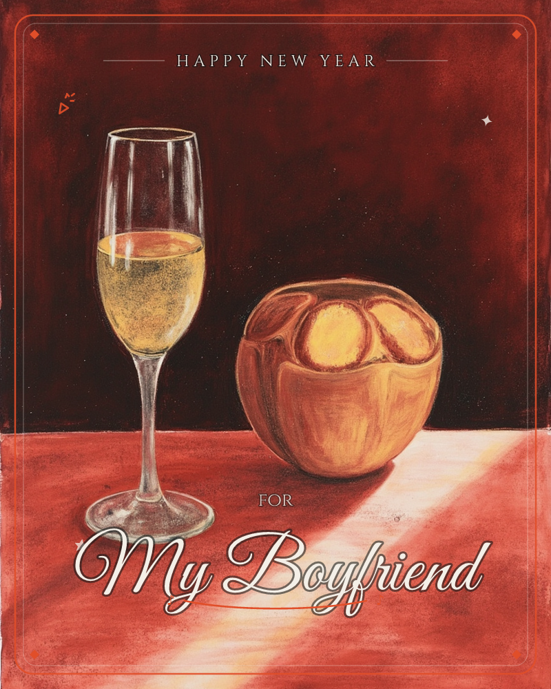 A tall champagne flute stands beside a golden loaf of bread on a deep red tabletop, a shaft of warm light cutting diagonally across the surface, a new year e-card design
