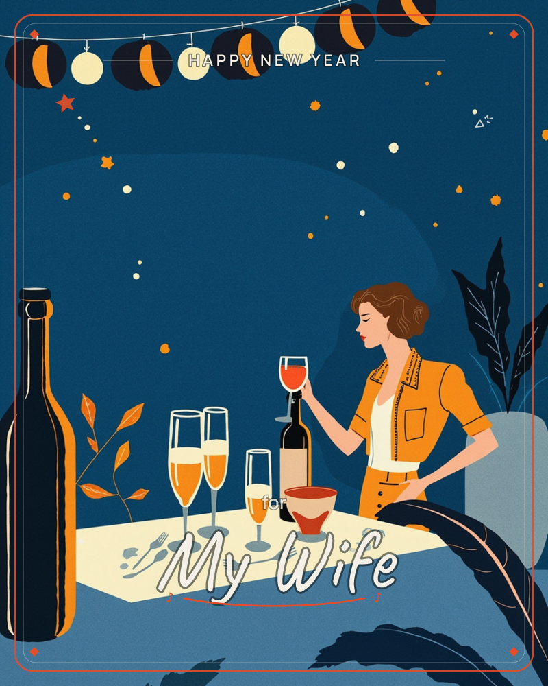 A woman in a mustard-orange dress stands at a candlelit table, raising a glass of wine against a deep navy night sky scattered with stars, a new year e-card design