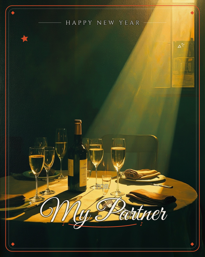 A round table is set for a meal with folded napkins, cutlery and several glasses of wine, a dark bottle standing among them, a new year e-card design