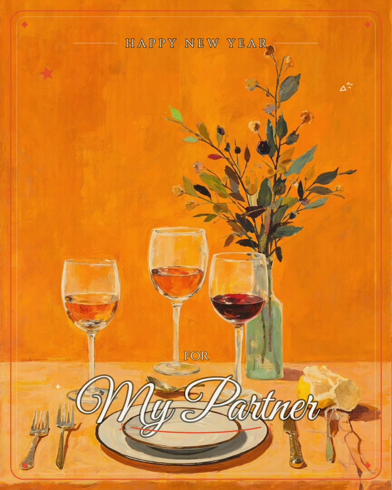 A sunlit table setting glows against a rich orange backdrop, with three wine glasses catching the warm light beside a sage-green vase of dried branches…, a new year e-card design
