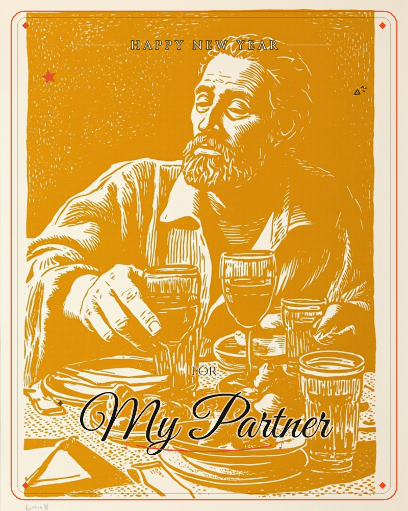 A bearded man sits at a table crowded with wine glasses, plates of food and a folded napkin, caught mid-gesture as if reaching for his drink, a new year e-card design