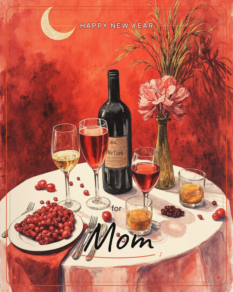 A round table is set for a night of celebration, glowing under a crescent moon against a deep red sky, a new year e-card design