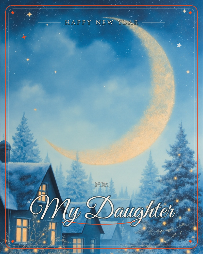 A giant golden crescent moon glows over a snow-hushed village of gabled rooftops, its light dusted like glitter across the sky, a new year e-card design