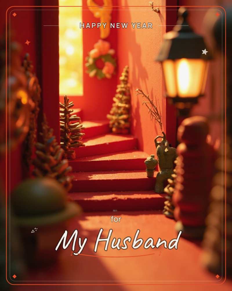 A miniature red staircase leads up to a glowing doorway strung with a wreath and golden ornament, lit by warm window light and a small lantern glowing…, a new year e-card design