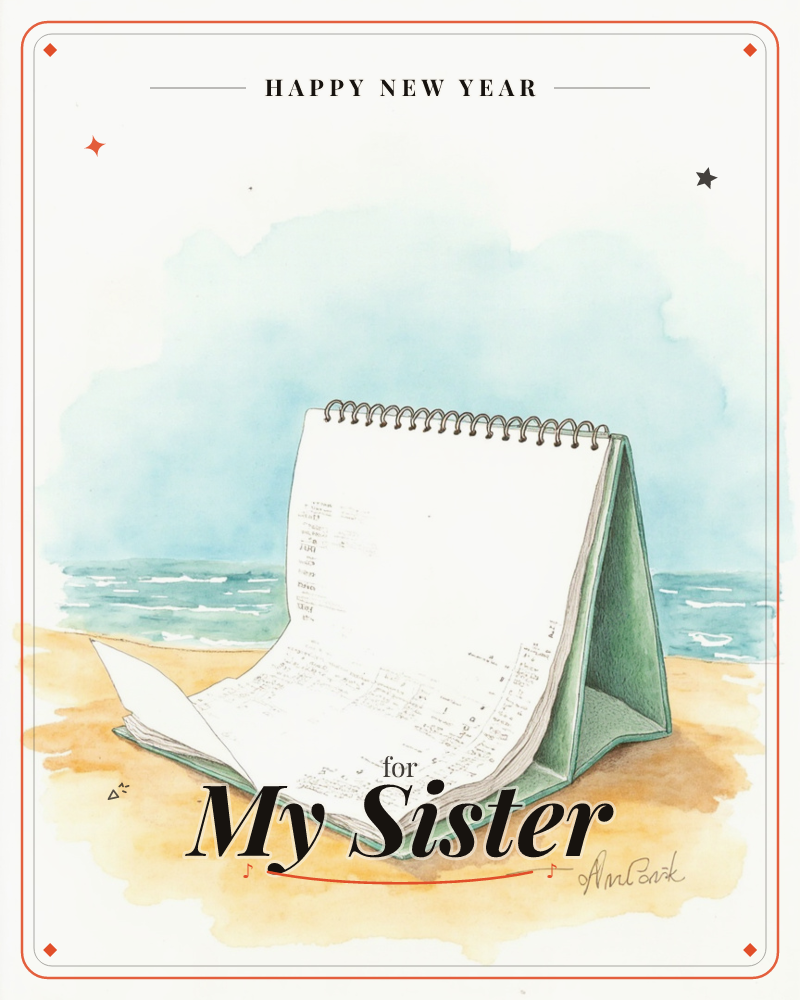 A spiral-bound notebook stands open on a sandy beach, its green cover propped like a tent while pages ruffle in the breeze, a new year e-card design