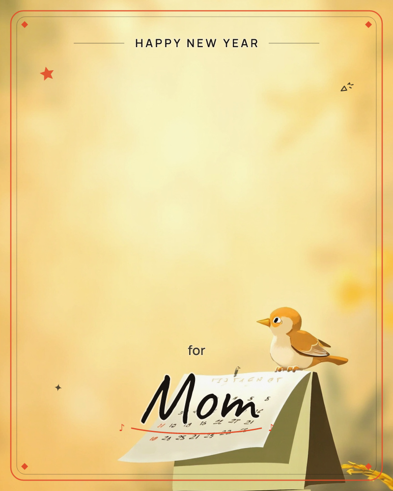 A round, orange-and-cream bird perches on top of a small tent-shaped calendar, its page of dates fluttering slightly against a warm, golden bokeh…, a new year e-card design