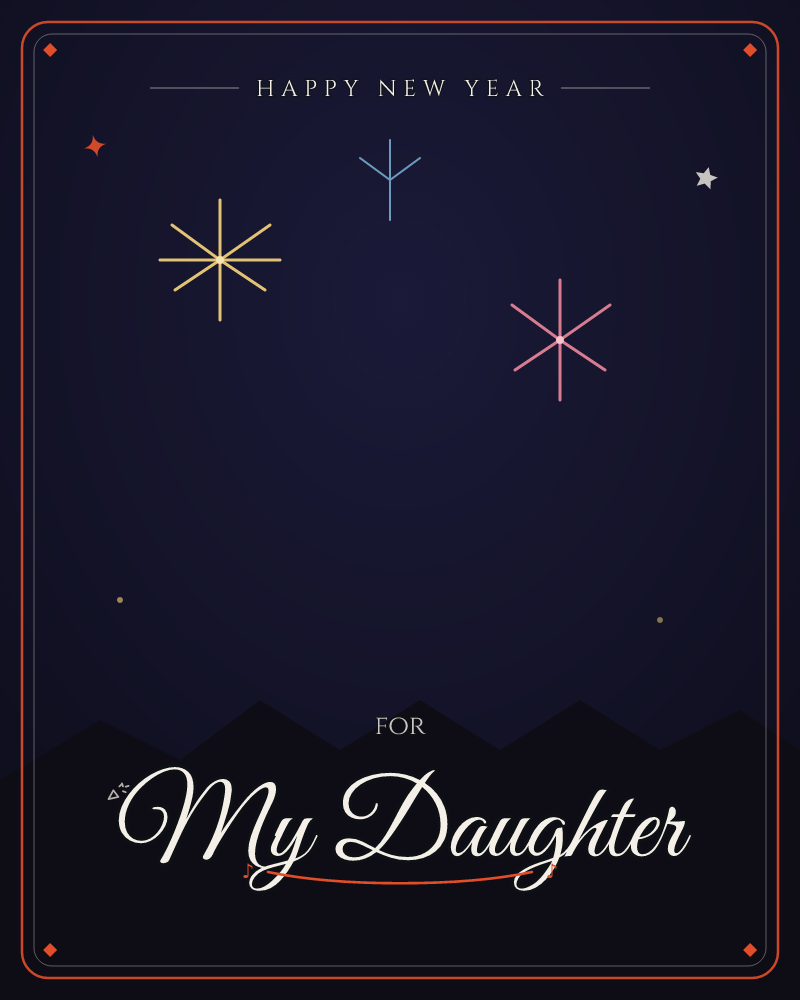 A deep midnight sky glows over a jagged silhouette of mountains, with three simple star-bursts drawn in thin gold, pink and blue lines scattered above…, a new year e-card design by @DittyCityTeam