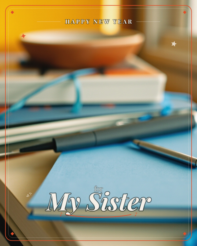 A stack of hardcover books and blue notebooks sits on a desk, with a metal pen resting across the top cover and a slim silver pencil beside it, a new year e-card design