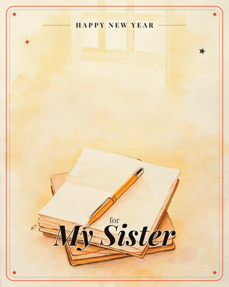 A soft watercolour wash in warm gold tones frames a stack of open notebooks resting on a windowsill, a pen laid across the blank page as if paused…, a new year e-card design