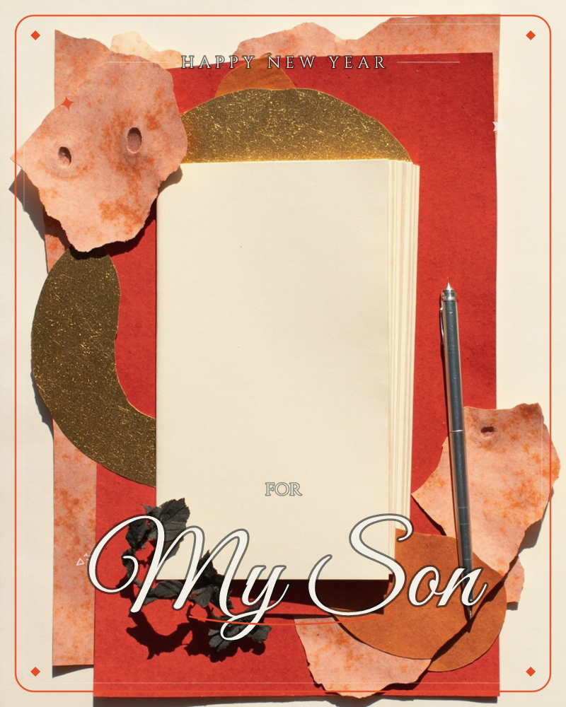 A blank cream notecard rests on a deep red background, framed by torn pieces of rust-orange marbled paper and a glittering gold crescent moon shape, a new year e-card design