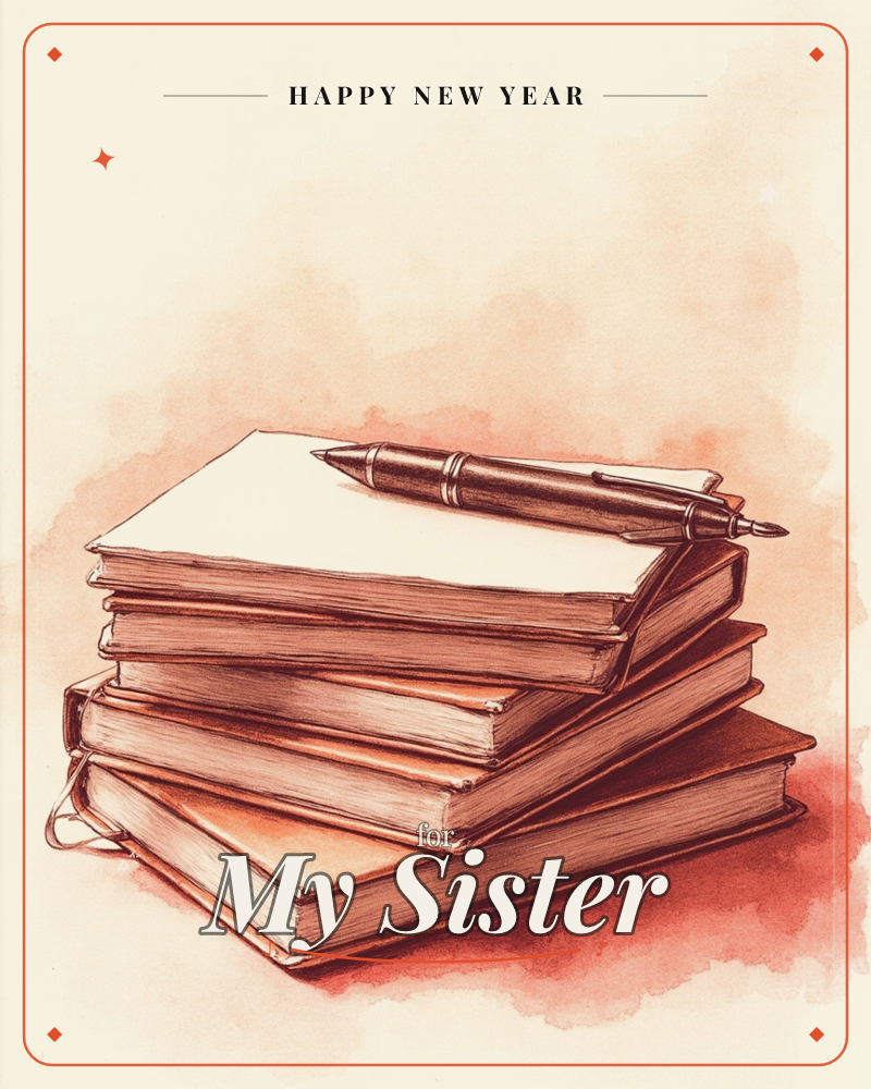 A stack of well-worn hardback books rests at an angle, their pages softly foxed with age, a single fountain pen laid diagonally across the top cover, a new year e-card design