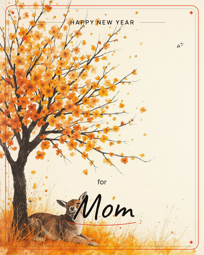 A young deer rests quietly beneath a blossoming autumn tree, its branches heavy with orange and gold flowers drifting loose on the breeze, a new year e-card design