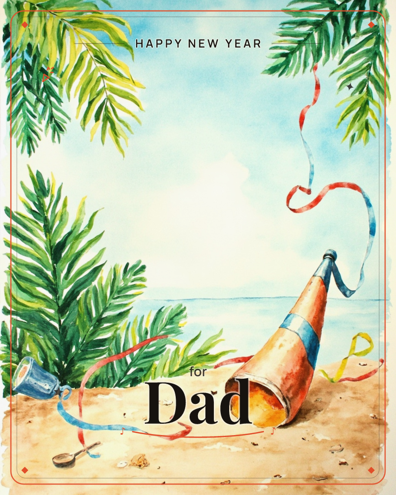 A watercolour beach scene shows a party horn and streamers scattered across sun-warmed sand, framed by palm fronds and a pale blue sea stretching to…, a new year e-card design