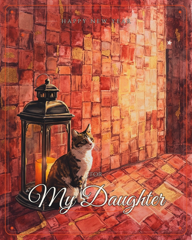 A calico cat sits patiently beside a black lantern glowing with candlelight, set against a warm brick wall and matching brick floor, a new year e-card design