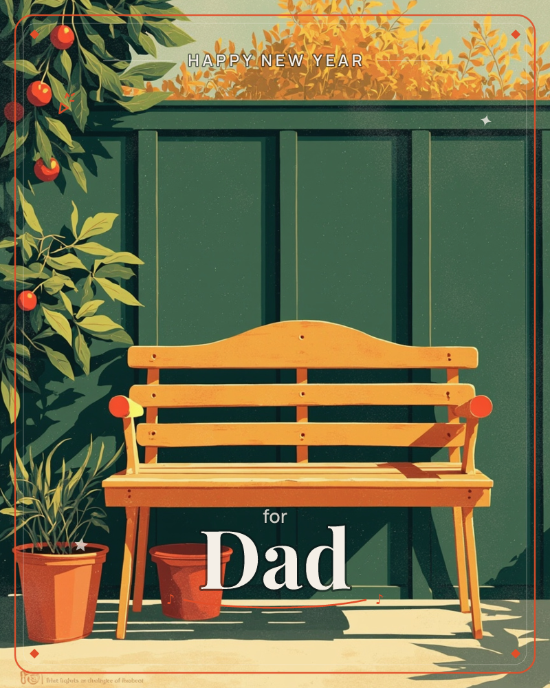 A wooden garden bench sits empty against a dark green fence, sunlight slanting across it in warm stripes, a new year e-card design