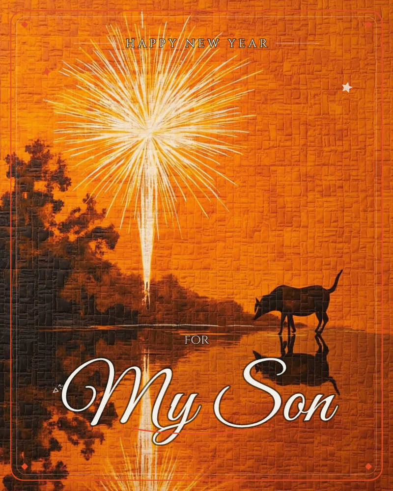 A single white firework bursts over a still river, its glow turning the whole sky and water a deep burning orange, a new year e-card design