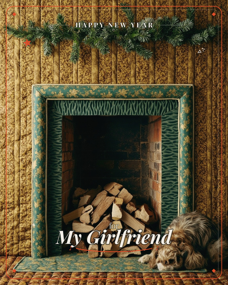 A quilted, textile-look fireplace in golden brocade and teal floral fabric holds a neat stack of chopped logs, with a simple pine garland draped along…, a new year e-card design