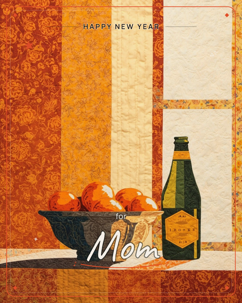 A quilted still life shows a dark footed bowl heaped with oranges beside a dark green bottle with a gold label, set on a patterned cloth against…, a new year e-card design