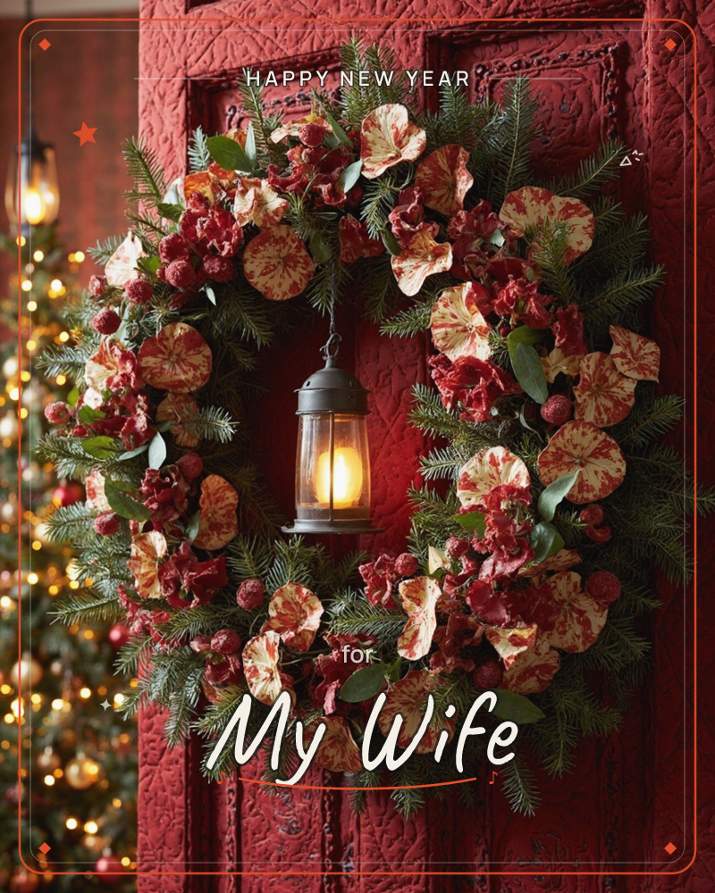 A lush Christmas wreath of pine, eucalyptus, dried orange slices and berries hangs on a deep red padded door, with a small lit lantern glowing at its…, a new year e-card design