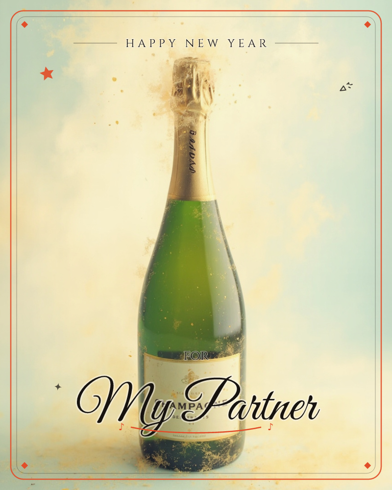 A single green champagne bottle stands centre stage against a pale sky-blue backdrop, its gold foil neck catching the light, a new year e-card design