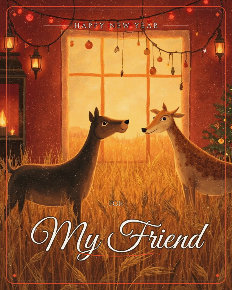 Two deer-like creatures, one dark brown and one dappled cream, stand nose to nose in a glowing field of wheat that seems to grow right inside a warmly…, a new year e-card design