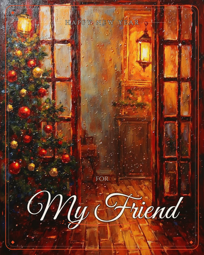 A pair of glass-paned doors stand open onto a warmly lit interior, where a Christmas tree strung with red and gold baubles glows against falling snow, a new year e-card design