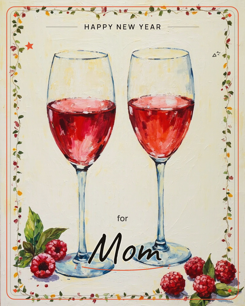 Two wine glasses filled with rosé stand side by side against a warm cream background, painted in thick, visible brushstrokes, a new year e-card design
