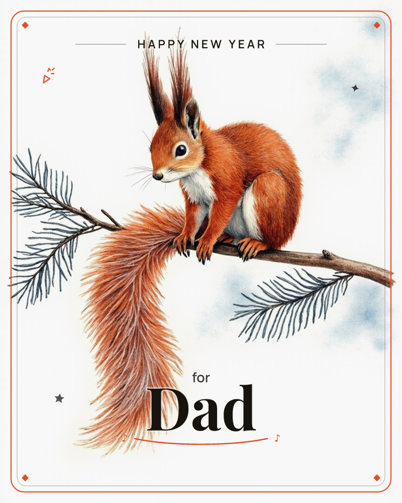 A red squirrel perches on a bare pine branch, its tufted ears alert and its long feathery tail curling down beneath it, a new year e-card design