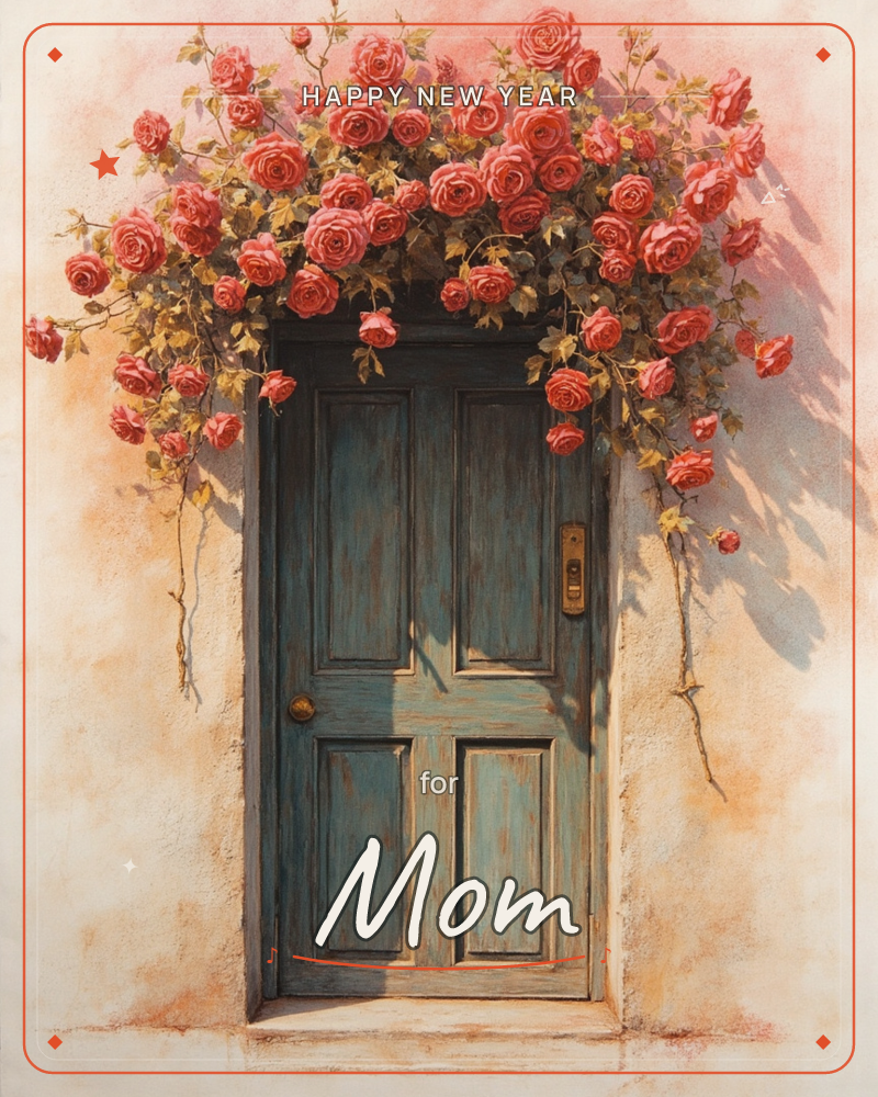 A weathered teal door with peeling paint sits framed by a stucco wall, its stone lintel spilling over with a thick cascade of pink roses in full bloom, a new year e-card design
