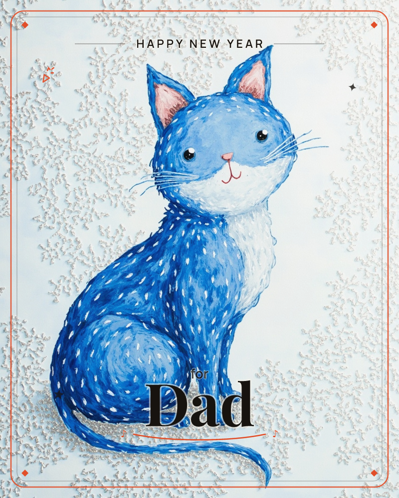 A whimsical blue cat sits upright against a pale, snowflake-patterned background, its fur painted with tiny white dashes like scattered frost, a new year e-card design