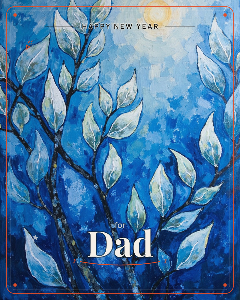 Pale silvery-green leaves cluster along dark, textured branches that stretch upward into a deep blue night sky, where a hazy glowing moon sits in the…, a new year e-card design