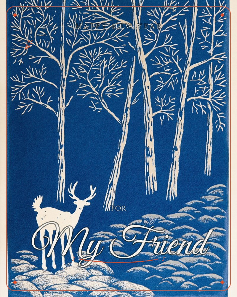 A stag with full antlers stands watchful among bare, silvery trees in a deep-blue nocturnal forest, a new year e-card design