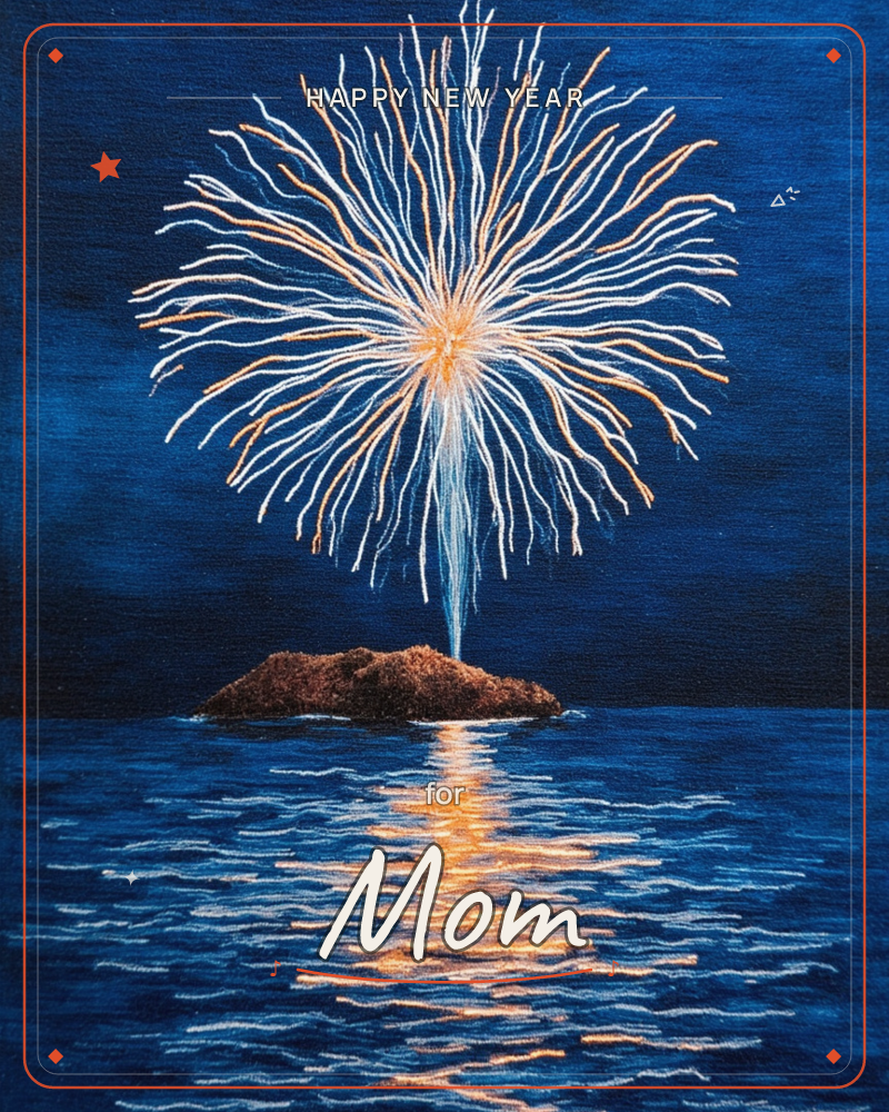 A single firework bursts in a white and gold starburst over a dark rocky islet, its light streaking down into rippled navy water below, a new year e-card design